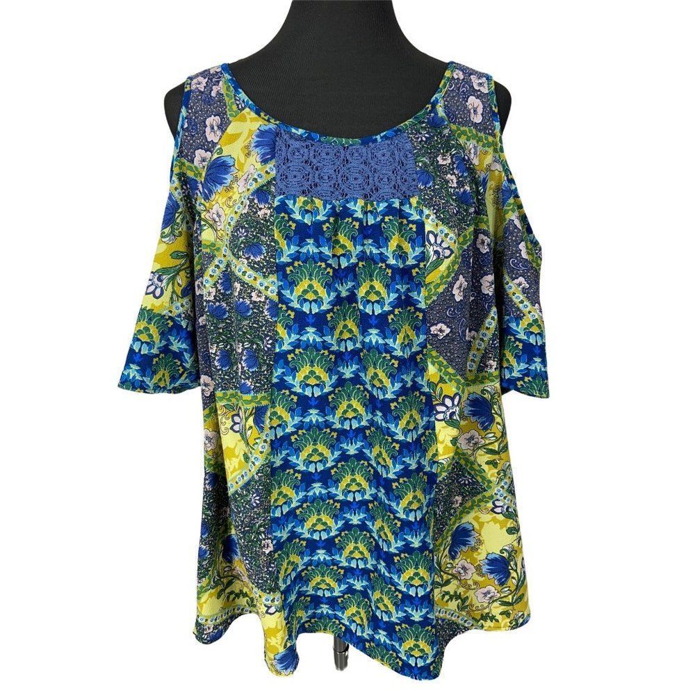 New Directions Womens 2X Blue Green Floral Paisley Cold Shoulder Top DEM1500W